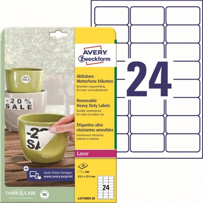 Avery Zweckform L4773REV-20 Odolné snímatelné etikety 63,5x33,9mm 480 ks bílá – Zboží Dáma