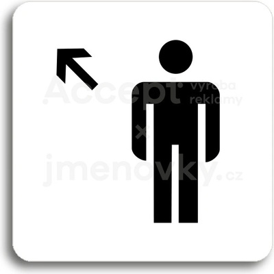 ACCEPT Piktogram WC muži vlevo nahoru - bílá tabulka - černý tisk bez rámečku