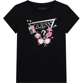 GUESS Черна тениска за момиче със сребристи и розови щампи Guess