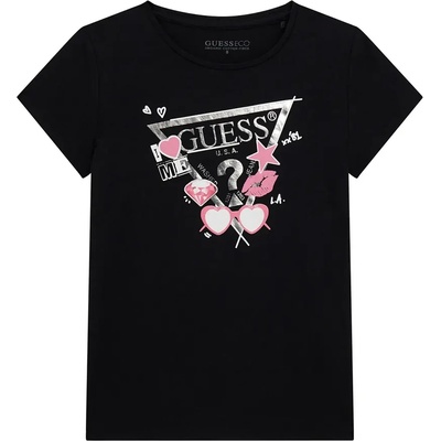 GUESS Черна тениска за момиче със сребристи и розови щампи Guess