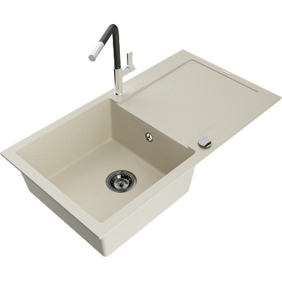 Mexen Leo мивка от гранит 1-камерна с отцедник и кухненски смесител Flora, бежов - 6501-69-670401-07-B (6501-69-670401-07-B)