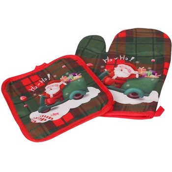 Коледен комплект ръкавица с ръкохватка в червено и зелено