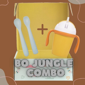 Bo Jungle Комбо: Сет силиконови лъжички "Сиво" + Eco-friendly чаша с дръжки и сламка - цвят по избор (BJ-B572000+BJ-B552040)