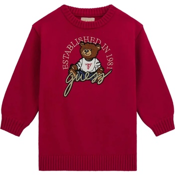 Guess Трикотажна рокля за мини момиче в цикламен цвят с голямо мече отпред и надпис Guess