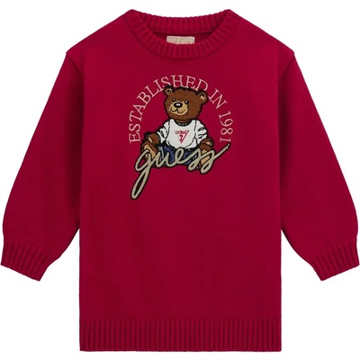 Guess Трикотажна рокля за мини момиче в цикламен цвят с голямо мече отпред и надпис Guess