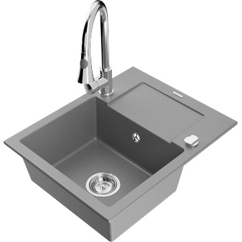 Mexen Enzo гранитна мивка с 1 гнездо и отцеждвател и кухненски кран Elia, сив - 6506-71-670101-00 (6506-71-670101-00)
