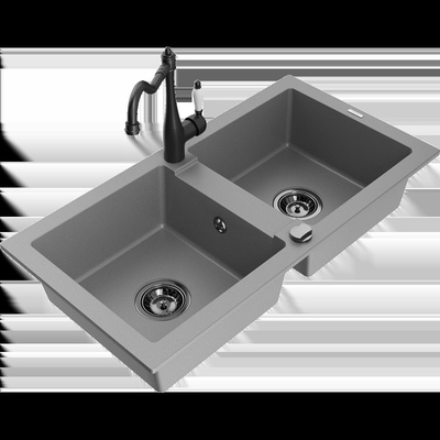 Mario кухненска мивка от гранит с 2 отделения и кухненски смесител Carla, сив - 6504-71-670700-70-B (6504-71-670700-70-B)