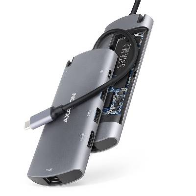 AXAGON HMC-6M2, USB 3.0 hub, porty 2x USB-A, HDMI, RJ-45 GLAN, SATA M.2 slot, PD 100W, kabel USB-C 18cm - Axagon HMC-6M2