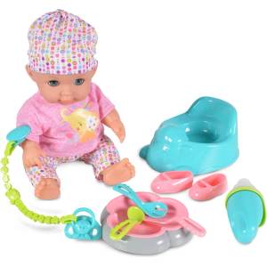 Moni Пишкаща кукла-бебе Moni Toys - С шарена шапка и аксесоари, 36 cm (108408)