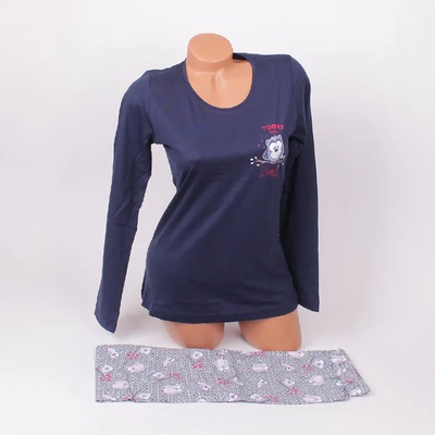 Памучна пижама в тъмносиньо и сиво с бухалчета