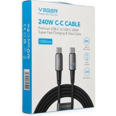 Veger CC2-ZSD s LED indikátorem nabíjení Type C na Type C PD 5A 240W 1,5m černý