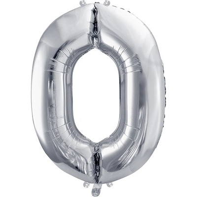 PartyDeco Fóliový balón narodeninové číslo 0 strieborný 86cm