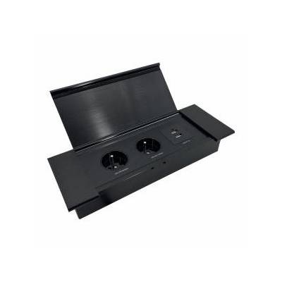 Furniture socket recessed into the countertop with a flat milled edge, hinged flap, USB charger, and 1.5m cable, 2x2P+Z (French), 2xUSB (type A+C; 3.6A), black