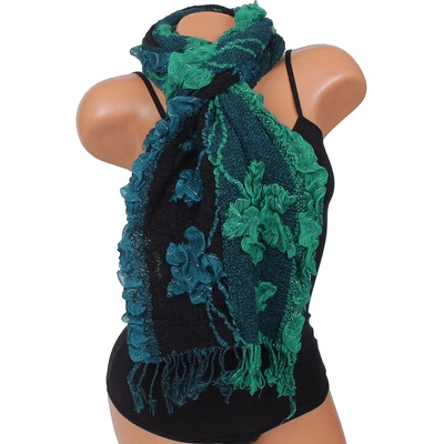Ефектен шал в петролено, зелено и черно с ламе и цветя