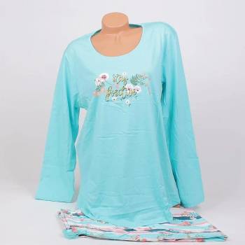 Image 1 of Дамска макси пижама в светъл тюркоаз с цветя и надпис