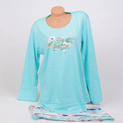 Дамска макси пижама в светъл тюркоаз с цветя и надпис