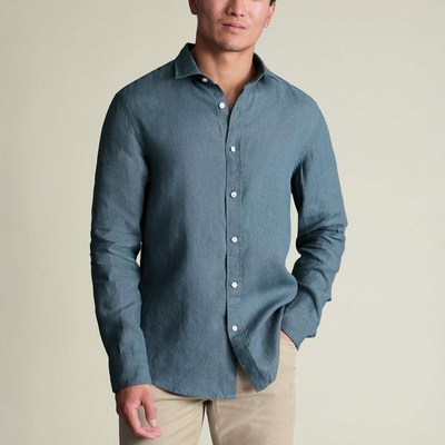 Charles Tyrwhitt Pure Linen lehká lněná košile v popelínové vazbě Airforce blue