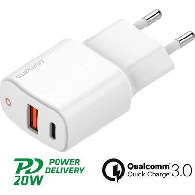 4smarts Захранване за ел. мрежа с USB, USB-C изход и технологии за бързо зареждане - 4smarts Wall Charger DoublePort 20W with Quick Charge and PD (бял) (468580)