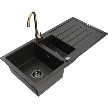 Mexen Andres гранитна мивка 1, 5-камерна с отцедник и кухненски смесител Telma, черен/златен - 6515-75-670200-50-B (6515-75-670200-50-B)