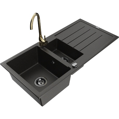 Mexen Andres гранитна мивка 1, 5-камерна с отцедник и кухненски смесител Telma, черен/златен - 6515-75-670200-50-B (6515-75-670200-50-B)