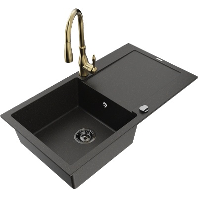 Mexen Leo гранитна мивка с 1 камера с оцекател и кухненски смесител Savita, (6501-75-672601-50-B)