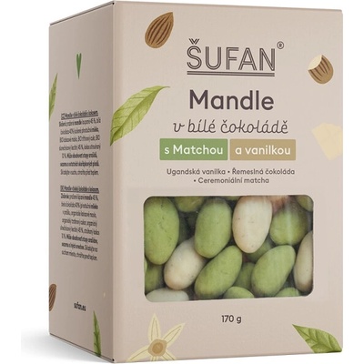 ŠUFAN s.r.o. Mandle v bielej čokoláde s matchou a vanilkou 170 g