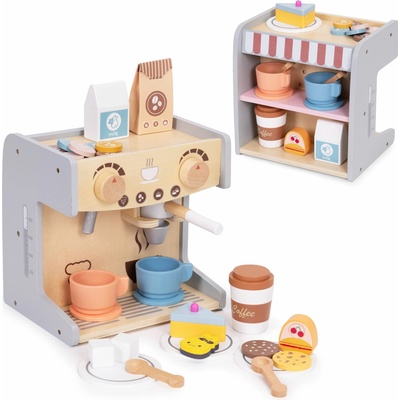 ECOTOYS Dřevěný kávovar pro děti 2v1 s kavárnou a 26 doplňky