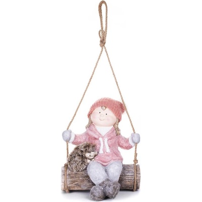 MagicHome Postavička Vianoce Dievčatko na hojdačke s ježkom závesná keramika 31,5x28x36 cm
