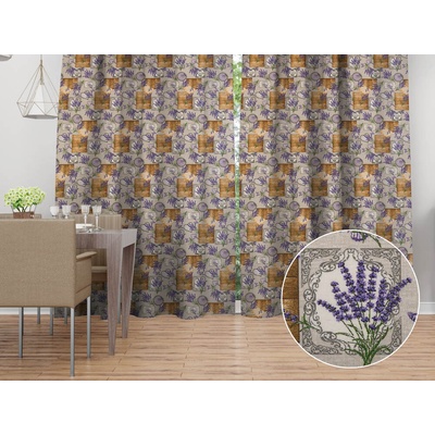 Biante Dekoračný záves PML-099 Levandule s motýlikmi a srdiečkami na béžovom 145x230 cm