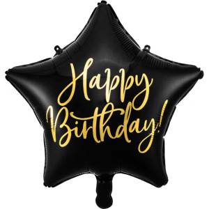 PartyDeco Балон от фолио звезда - Happy Birthday черен 40см