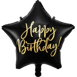 PartyDeco Балон от фолио звезда - Happy Birthday черен 40см