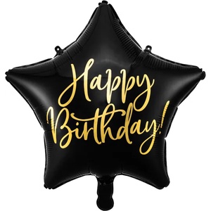 PartyDeco Балон от фолио звезда - Happy Birthday черен 40см