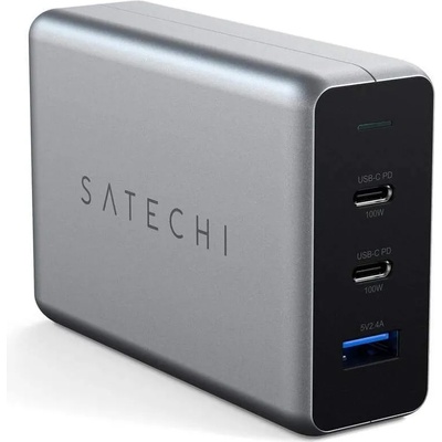 Satechi 100W USB-C PD Compact GaN Charger - захранване за ел. мрежа с 2xUSB-C PD изхода и USB 3.0 изход (сив)