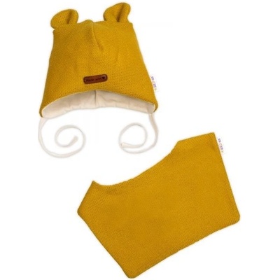 Pletená čepice s bavlněnou podšívkou a šátkem 2v1 Teddy Hand made hořčicová