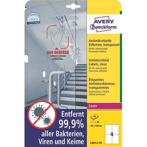 AVERY Антимикробни етикети 105 x 148 прозрачни mm, 40 бр (L8013-10)