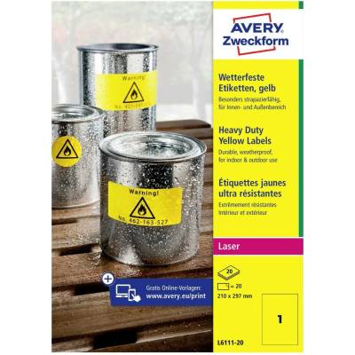Avery-Zweckform L6111-20 210 x 297 mm prehľad produktov fólie žltá 20 ks trvalé Fóliové etikety laser, kópie; L6111-20