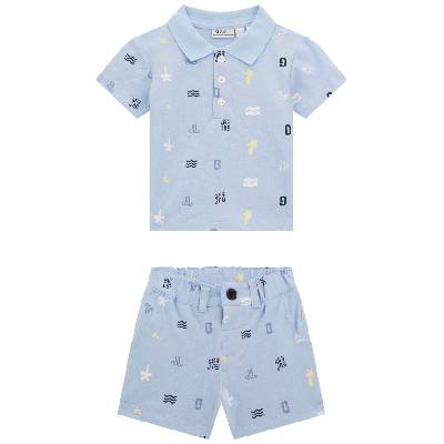 Комплект от 2 части Guess - Тениска с яка и къси панталонки, син, 6-9 м (20252-I5GG05-K9N14-P5C5-6-9)