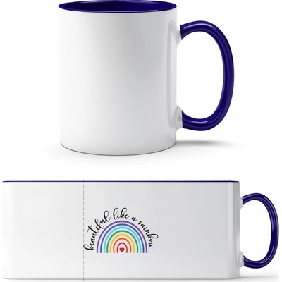 TTH Dvojfarebný Hrnček Dúha s nápisom Beautiful like a rainbow Biela Kobaltová Modrá Standard Darčeky PrintEQ 250 ml