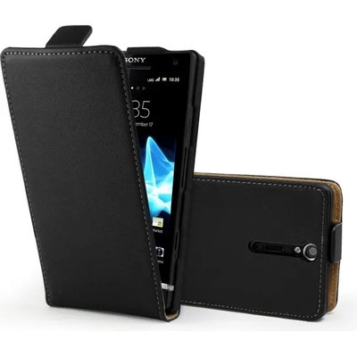 Sony LT26I Xperia S Flip2 Кожен Калъф Черен + Протектор