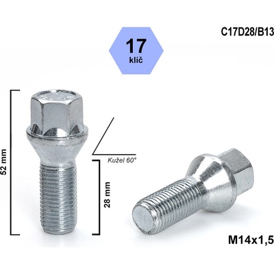 Kolový šroub M14x1,5x28 kužel, klíč 17, C17D28/B13, výška 52 mm | Zboží Auto