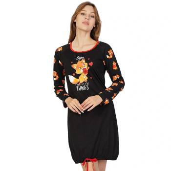 Черна нощница с дълъг ръкав и картинка на лисиче