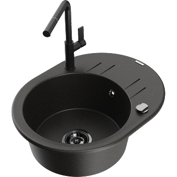 Mexen Kevin еднокоморна гранитна мивка със сушилник и кухненски смесител Flora, черен/златен металик - 6517-75-670401-70-B (6517-75-670401-70-B)