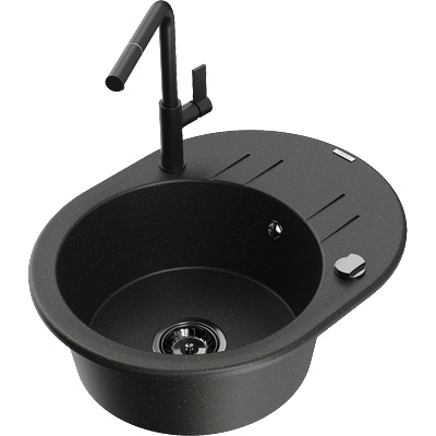 Mexen Kevin еднокоморна гранитна мивка със сушилник и кухненски смесител Flora, черен/златен металик - 6517-75-670401-70-B (6517-75-670401-70-B)