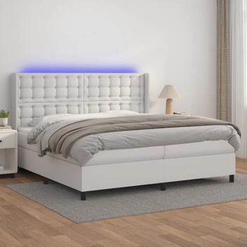 vidaXL Боксспринг легло с матрак и LED бяло 200x200 см изкуствена кожа (3139404)