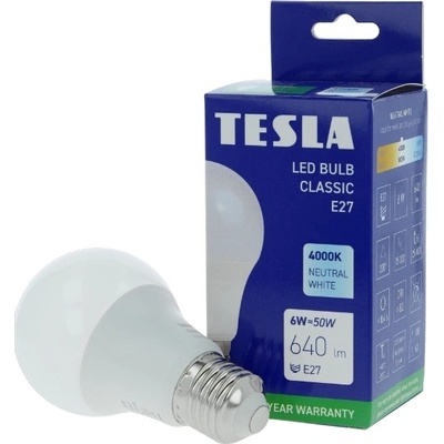 Tesla LED žárovka BULB, E27, 6W, 230V, 640lm, 25 000h, 4000K denní bílá, 220st