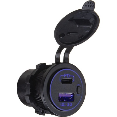 USB nabíječka QC3.0 + USB-C, modré podsvícení