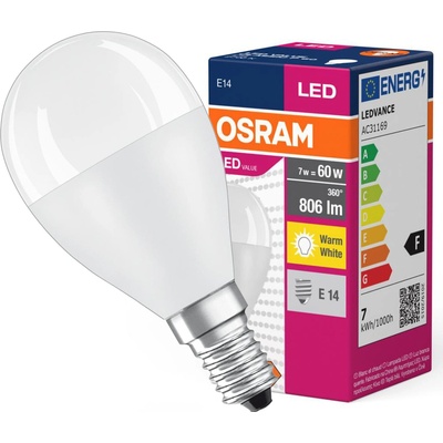 Osram LED Value CLASSIC P FR 60 non-dim, 8W/827 E14 2700 K, teplá biela