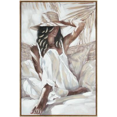 Ručne maľovaný obraz na plátne s motívom ženy v klobúku III 60x90cm - krémový