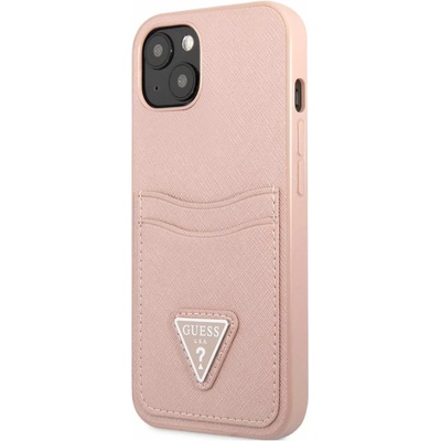 GUESS Saffiano Double Card PU Leather Hard Case - дизайнерски кожен кейс с джоб за карти за iPhone 13 (розов)