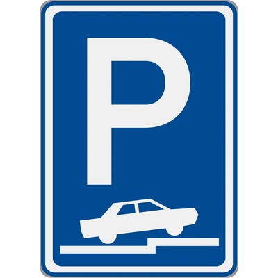 Dopravní značka IP11f Parkoviště (částečné stání na chodníku kolmé nebo šikmé)